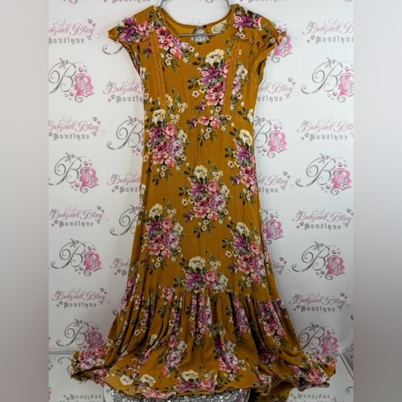 Mia Joy Dresses & Skirts - Mia joy dress long ruffle hem flowers crochet lace details Floral Mustard Dress